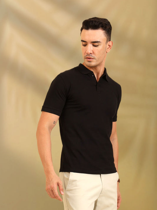 Pure Comfort Button Polo T-Shirt Black