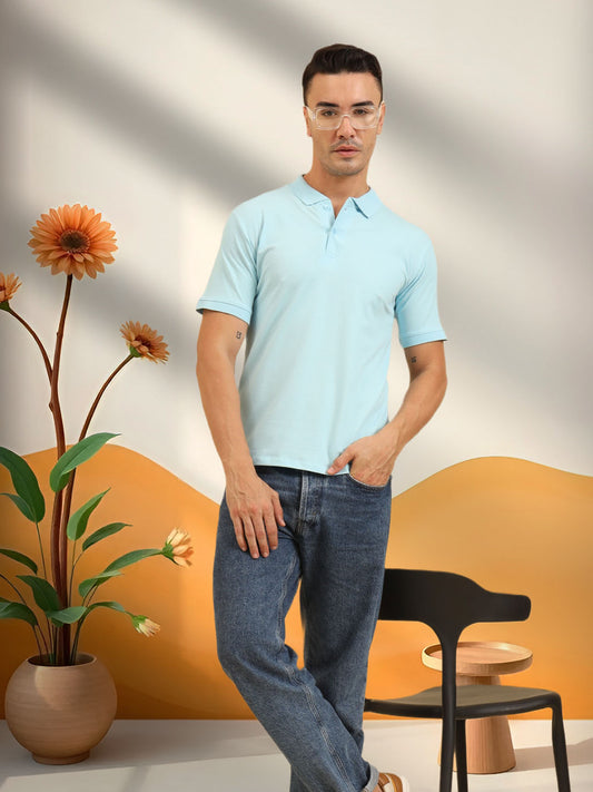 Pure Comfort Button Polo T-Shirt Sky