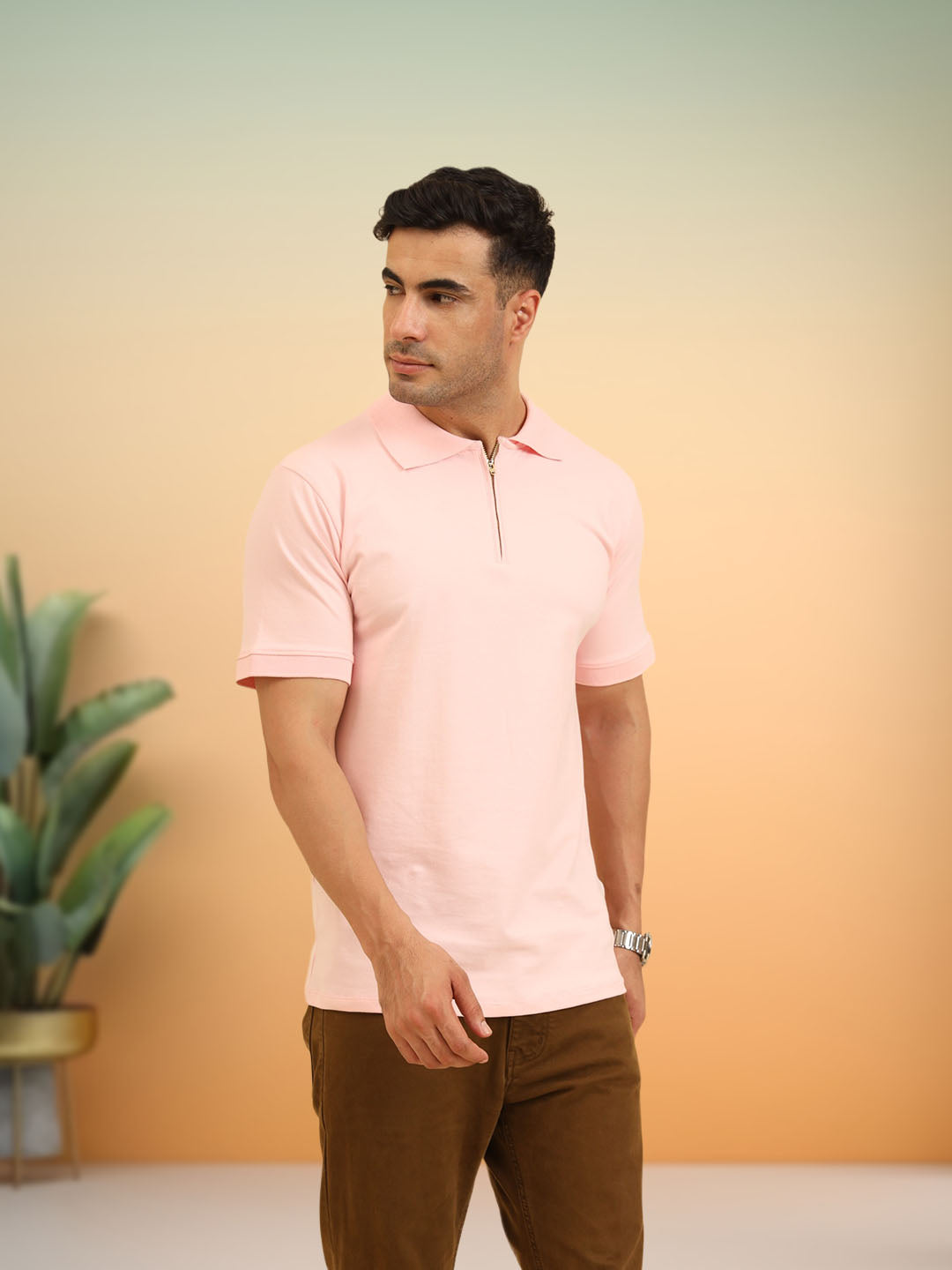 Pure Comfort Zipper Polo T-Shirt Pink