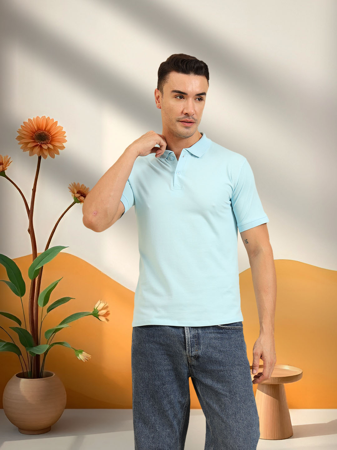 Pure Comfort Button Polo T-Shirt  Sky