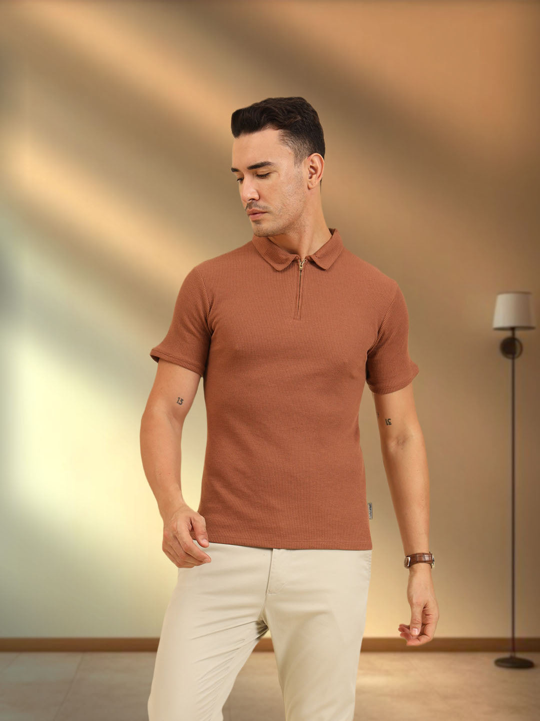 Refined Fit Polo Zipper T-Shirt Brown
