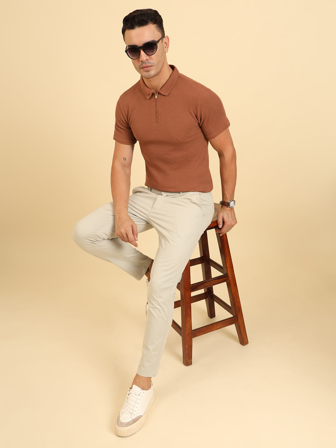 Refined Fit Polo Zipper T-Shirt Brown