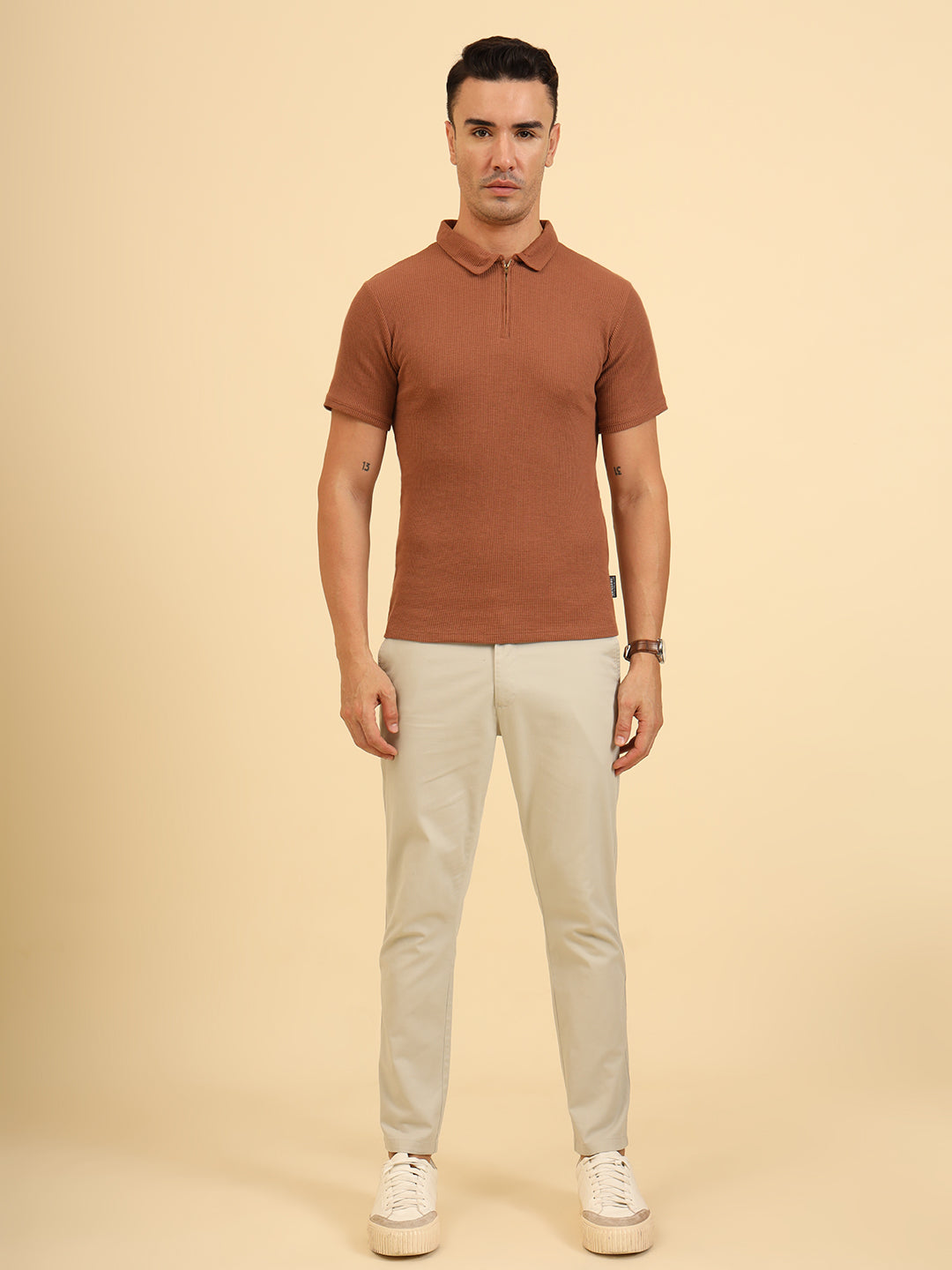 Refined Fit Polo Zipper T-Shirt Brown