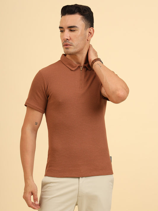 Refined Fit Polo Zipper T-Shirt Brown