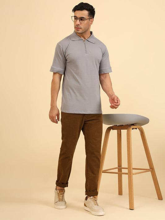 Pure Comfort Zipper Polo T-Shirt Grey