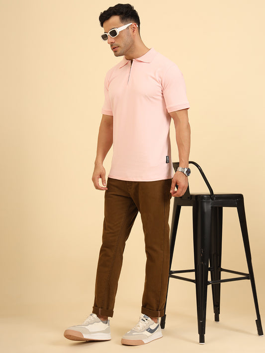 Pure Comfort Zipper Polo T-Shirt Pink