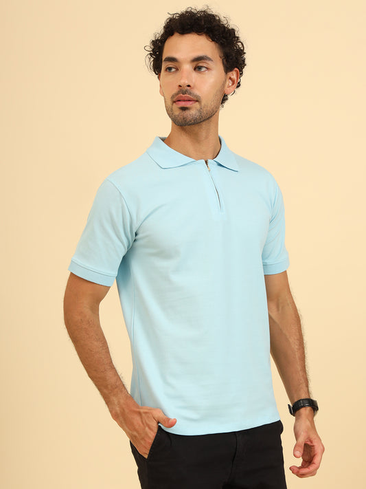 Pure Comfort Zipper Polo T-Shirt Sky